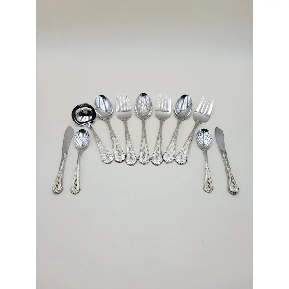 Lenox Holiday 18/8 Stainless Steel Serving Flatware Set of 11 Holly Gold Accent